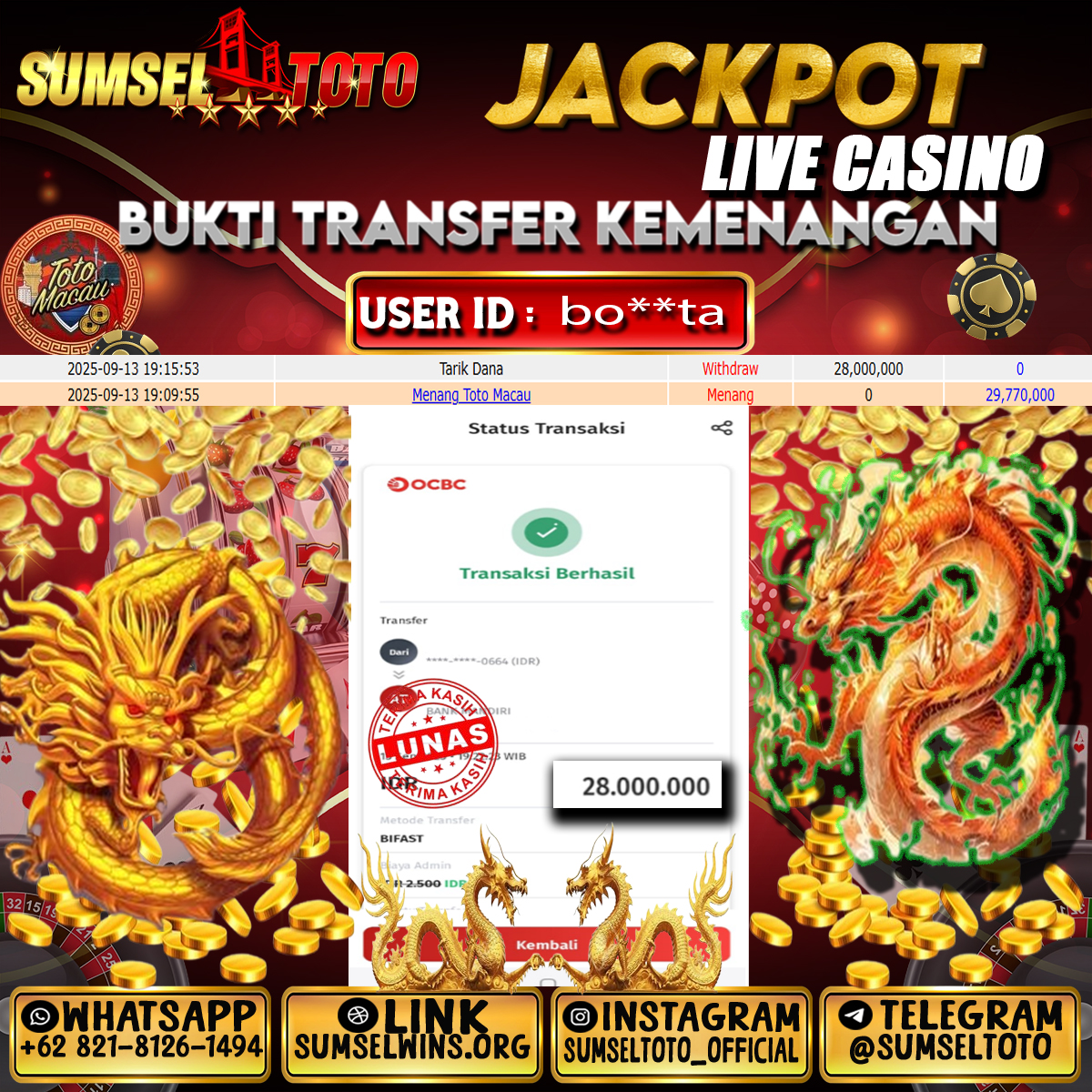 SUMSELTOTO JACKPOT TOTO MACAU Rp.28,000,000.,- LUNAS